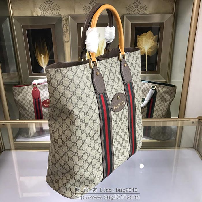 GUCCI 古馳男包 新款 473870 GG Supreme高級人造帆布 黑色紅色織帶裝飾 購物袋